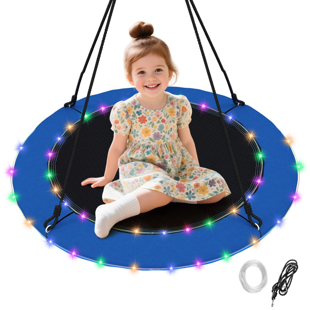 Altalena a nido 100cm con luci LED 2 funi regolabili per bambini, Altalena rotonda portata 300kg da esterno Blu scuro