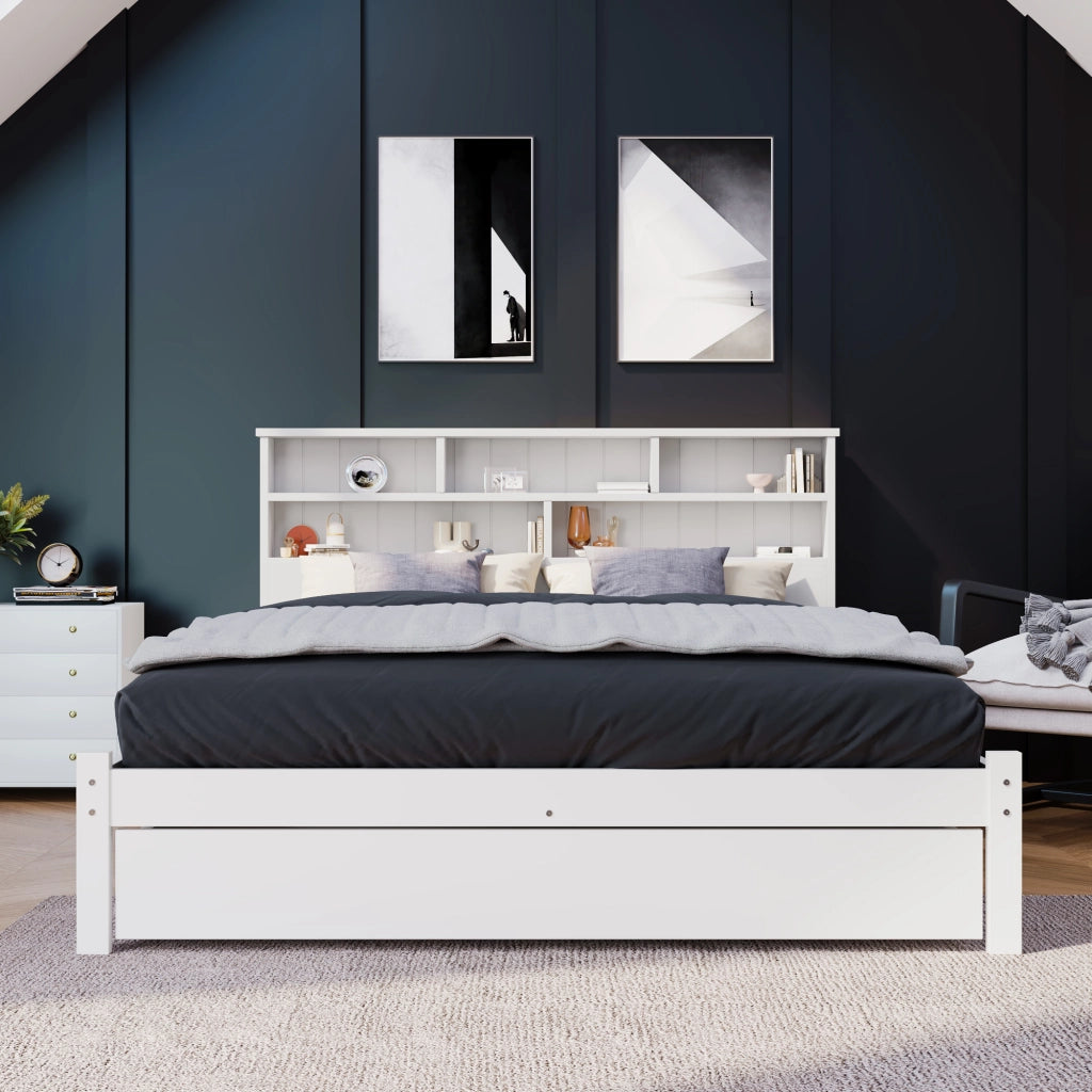 Letto matrimoniale con cassetti 140 ¡Á 200 cm in legno bianco con testiera libreria e rete a doghe
