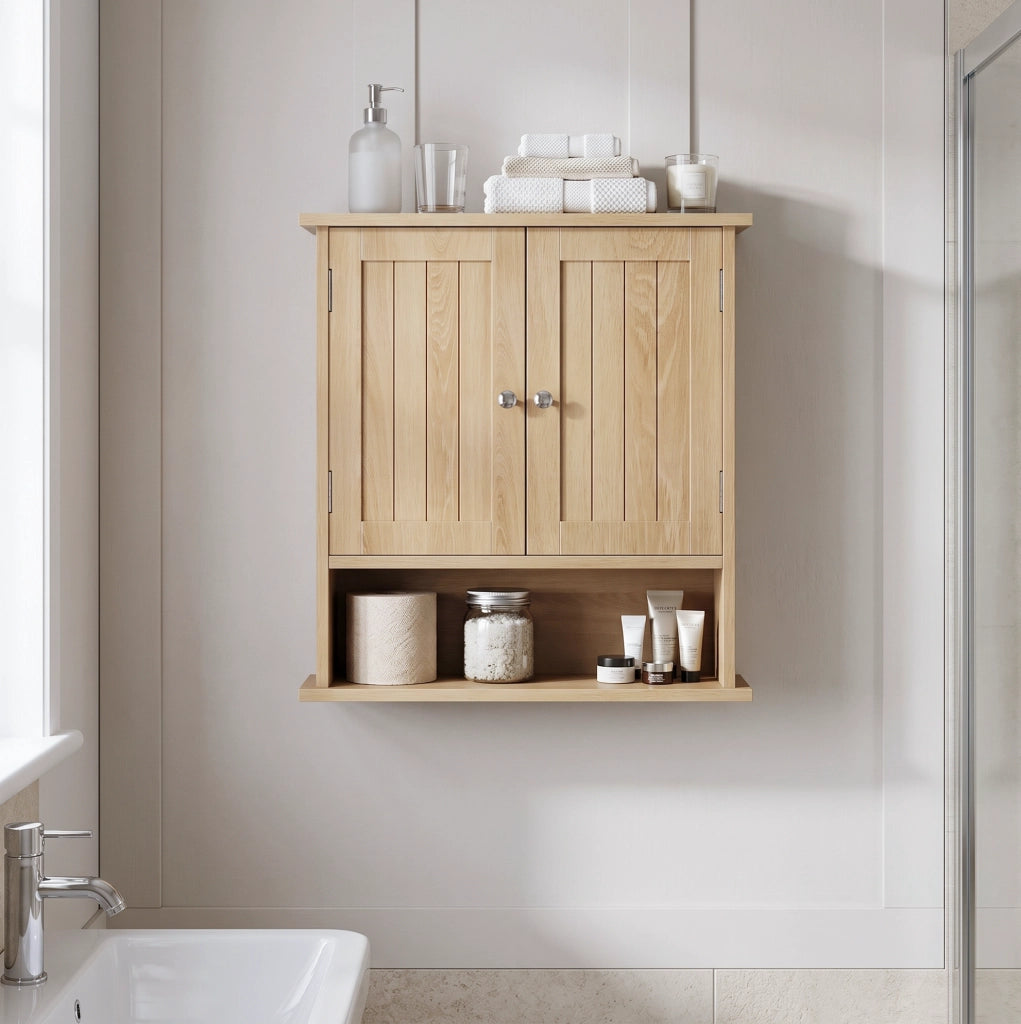 Mobile bagno sospeso ULEVR in MDF effetto rovere con 2 ante e vano a giorno, marrone