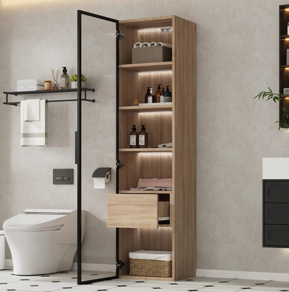 Mobiletto da bagno medio con luce, 40 cm di larghezza, 1 cassetto grande e 1 anta in vetro temperato