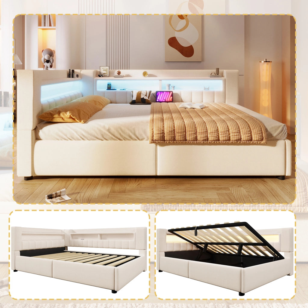 Letto divano contenitore 140x200 cm in lino beige con apertura idraulica; LED; USB e USB-C