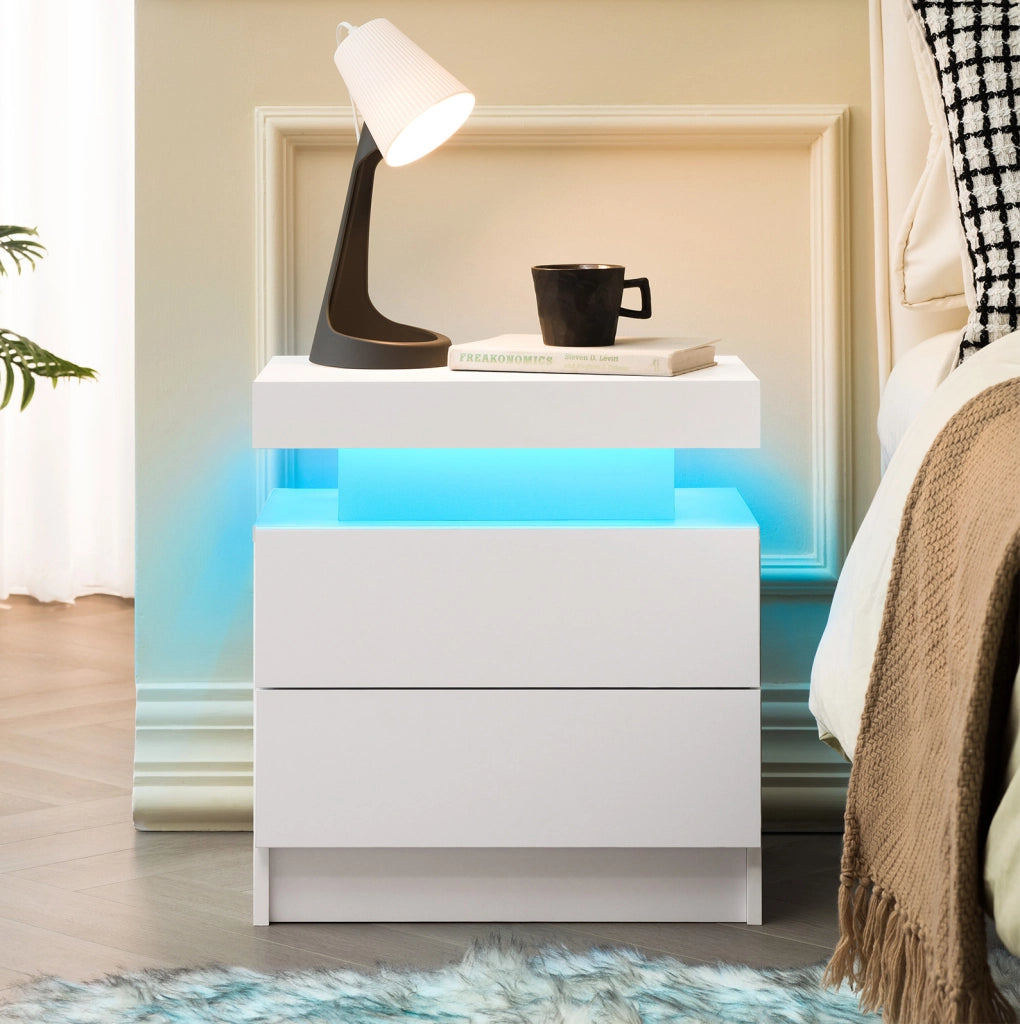 Comodino LED bianco con 2 cassetti e vano a giorno