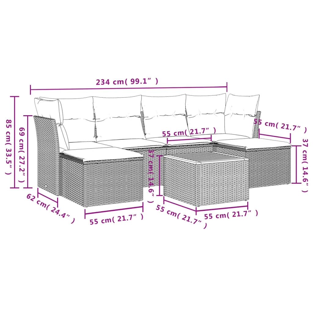 Set Divani da Giardino 7 pz con Cuscini Beige in Polyrattan