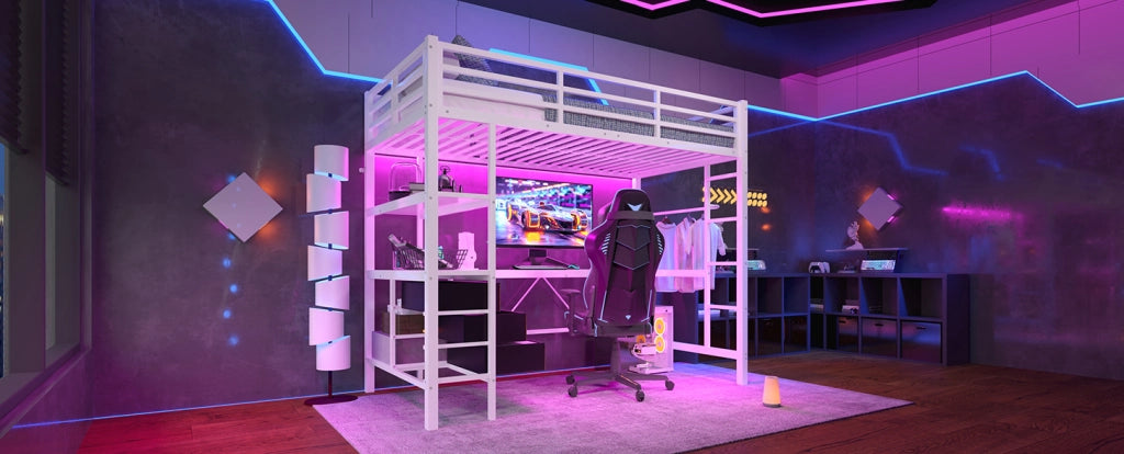 Letto a soppalco 90x200 cm con luce LED, scrivania, prese elettriche e USB, 3 cassetti, mensole, ringhiera e scala, bianco, senza materasso