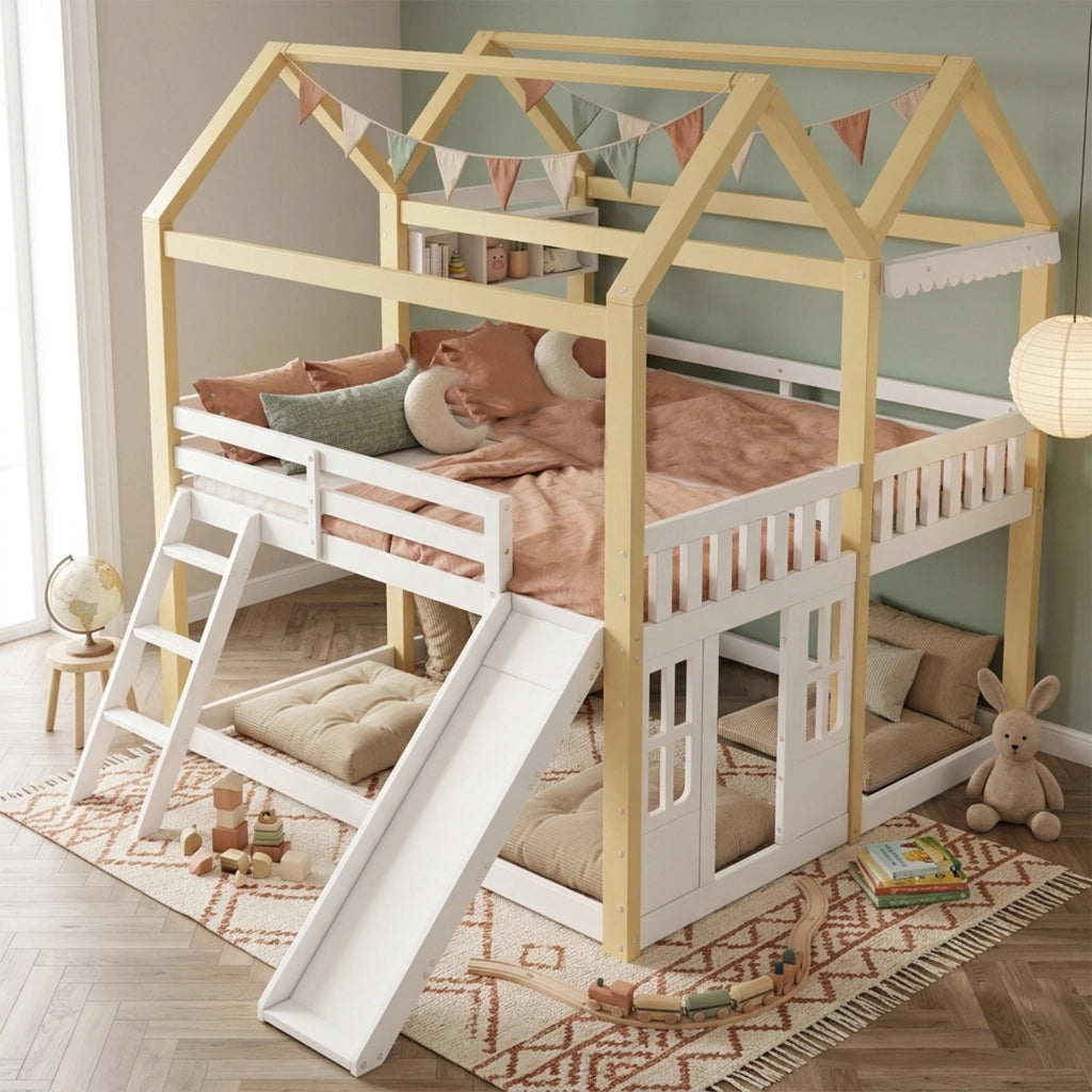 Letto a soppalco per bambini 90 × 200 cm con scivolo e scala reversibili in legno bianco e naturale