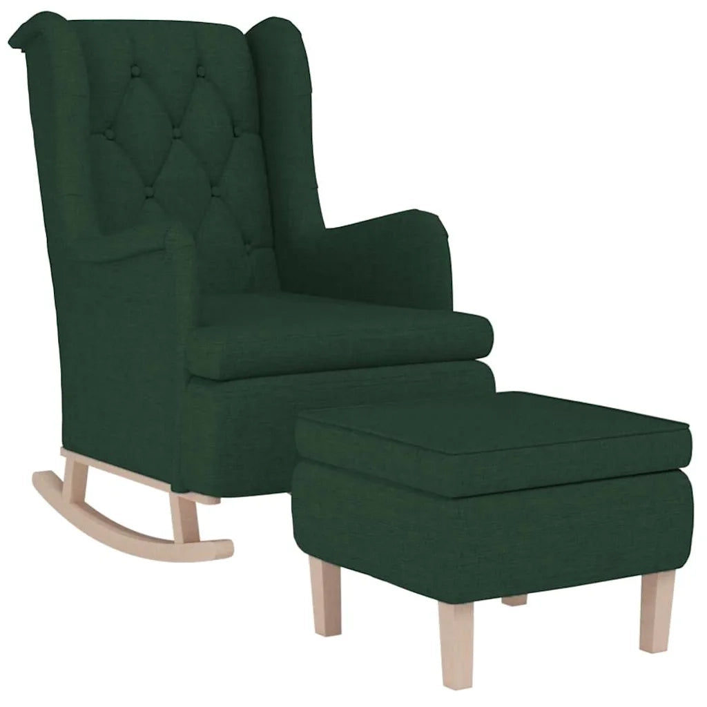 Divano Sedia-Poltrona con Gambe a Dondolo e Sgabello Verde Scuro in Tessuto