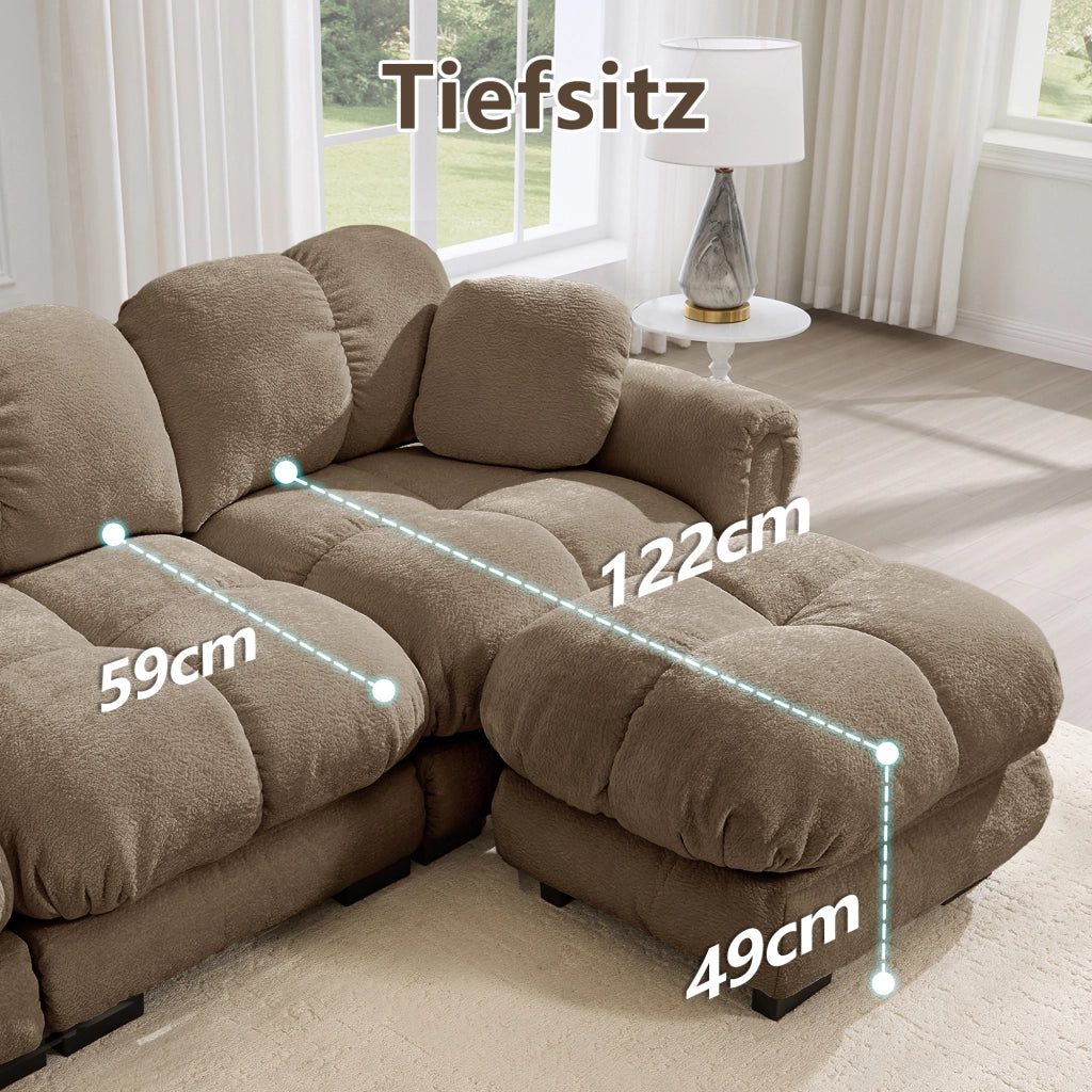 Divano angolare a 3 posti in ciniglia marrone con pouf mobile; 260 x 149 x 90 cm