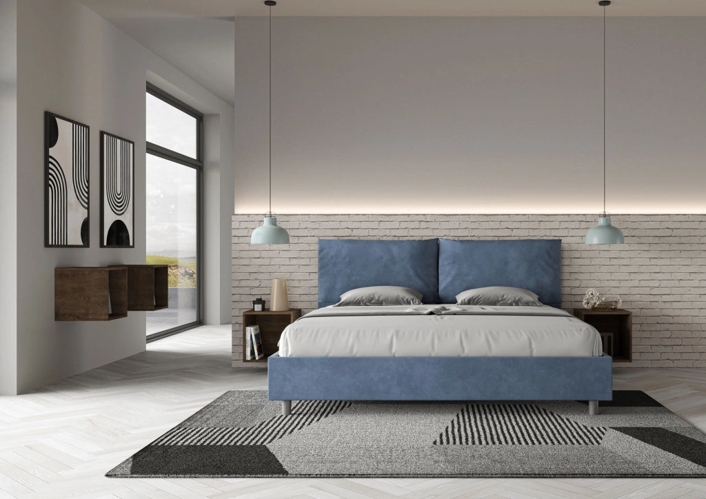 Letto Matrimoniale King Size 200x210 cm Senza Rete Imbottito in Microfibra Antea Large Blu