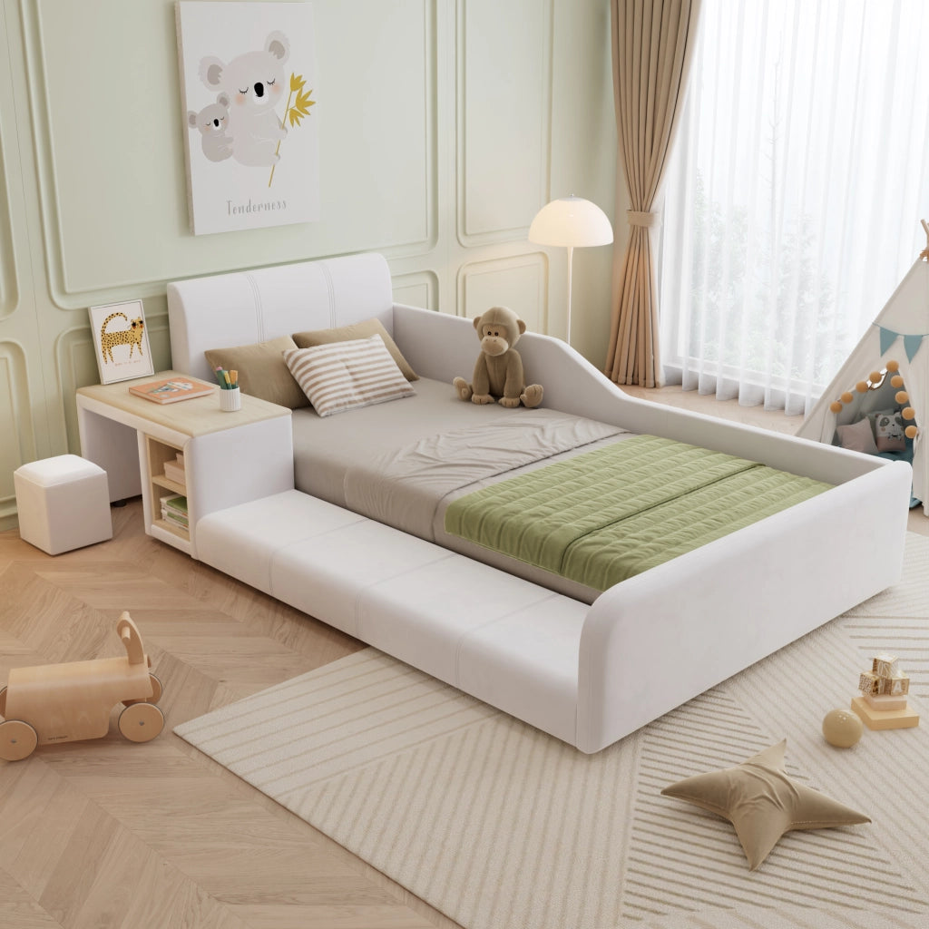 Letto singolo con scrivania e sgabello in velluto bianco 90x200 cm