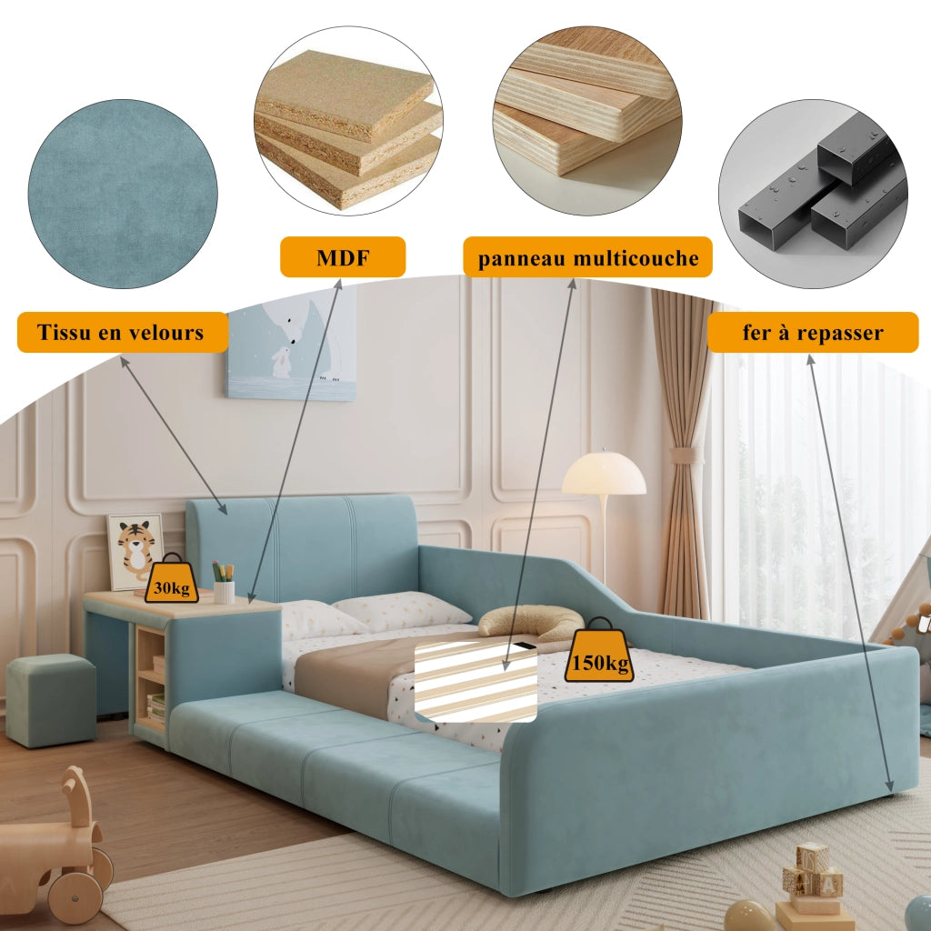 Letto singolo 90 × 200 cm con scrivania e sgabello vano laterale testiera imbottita in velluto blu doghe in legno