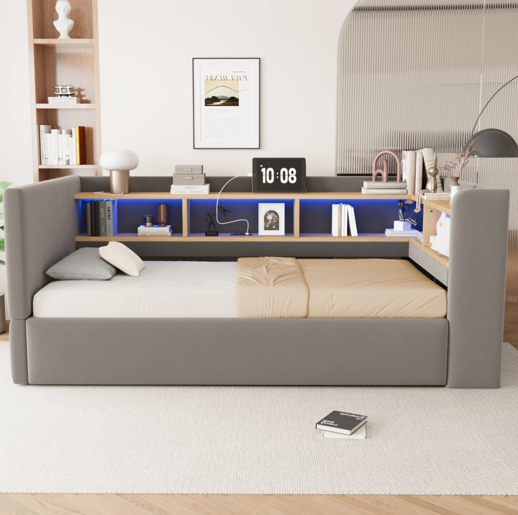 Divano Letto Imbottito 90x190 cm con Contenitore Idraulico, LED e Prese, Colore Grigio Scuro
