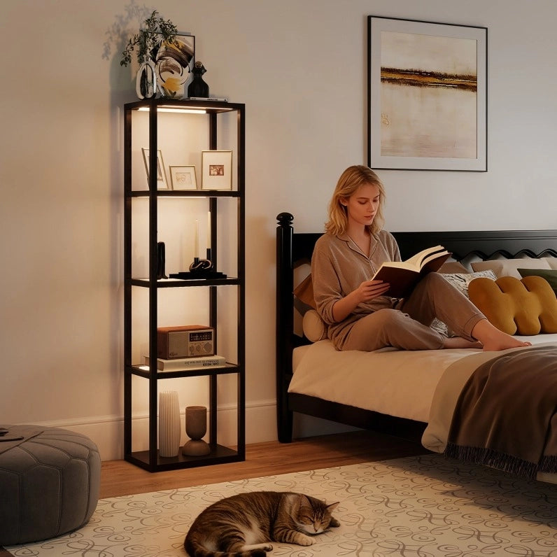 Lampada da Terra LED RGB con Ripiani in Vetro Temperato e Telecomando, 4 Livelli, Nero, Sincronizzazione Musica