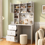 Scrivania dritta con vetrina, pannello portautensili e 3 cassetti, per studio, in MDF bianco, 100 × 55 × 180 cm