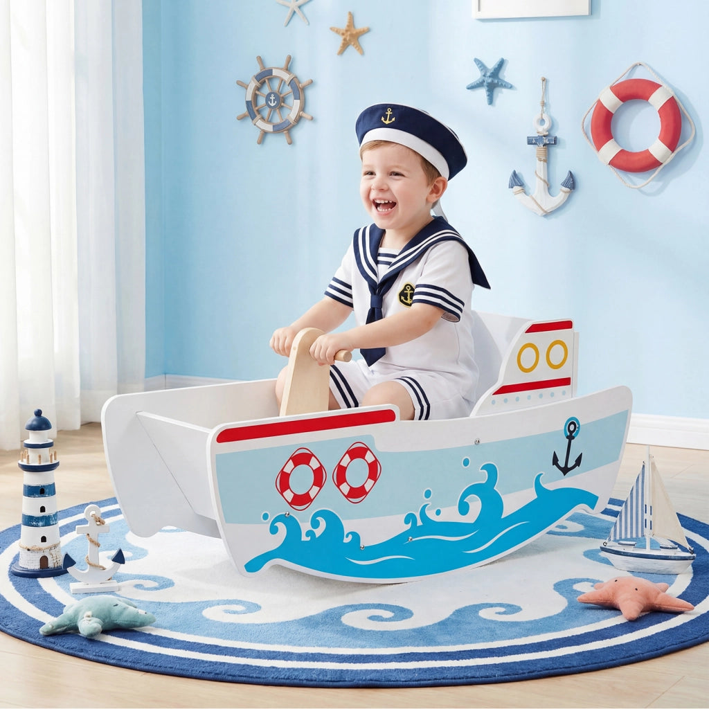 Nave a dondolo in legno nautico per bambini 1-5 anni con manici e movimento 40¡ã, Giocattolo barca interno portata 50 KG