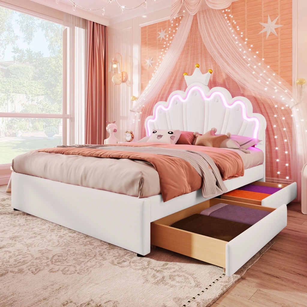 Letto matrimoniale Princess imbottito 140x200cm con 2 cassetti e forma di corona in PU bianco
