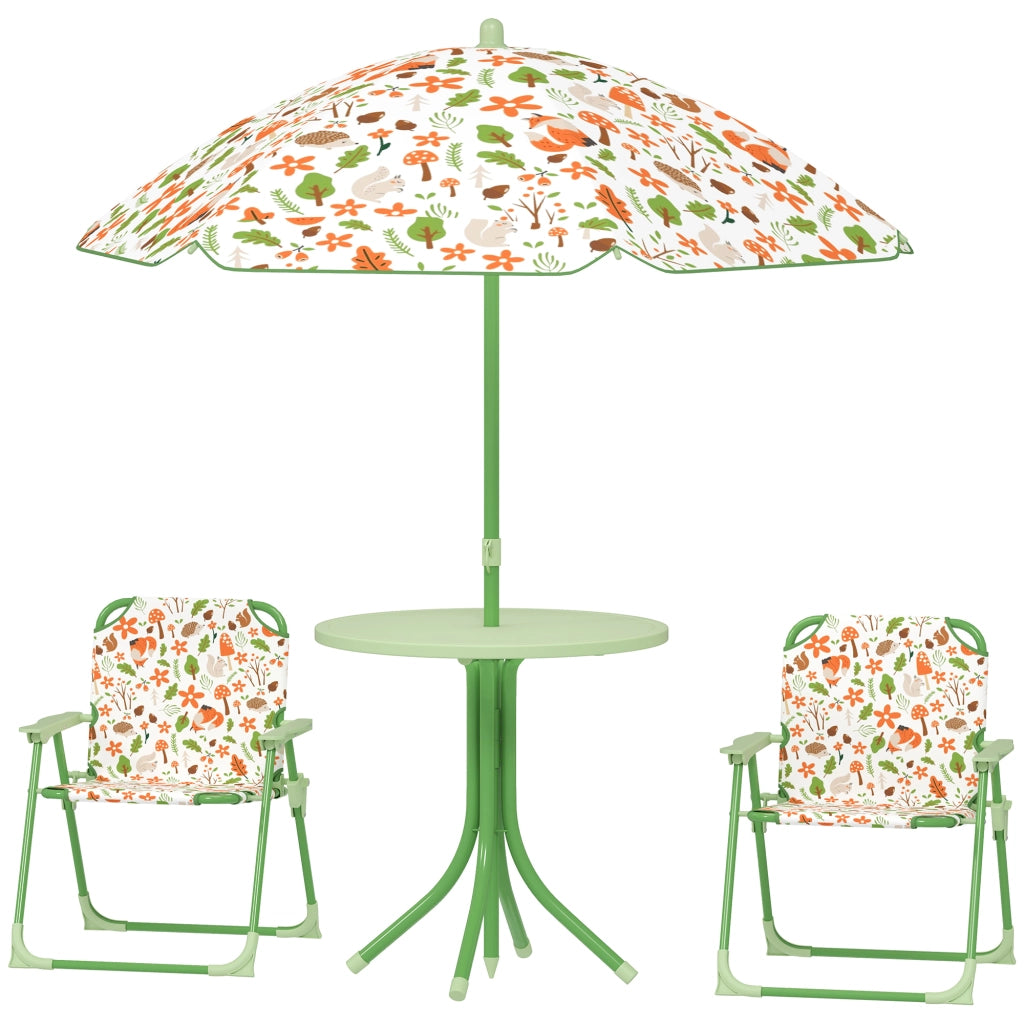 Set da Giardino per Bambini 2-5 Anni con Tavolino Rotondo, 2 Sedie Pieghevoli e un Ombrellone, Verde