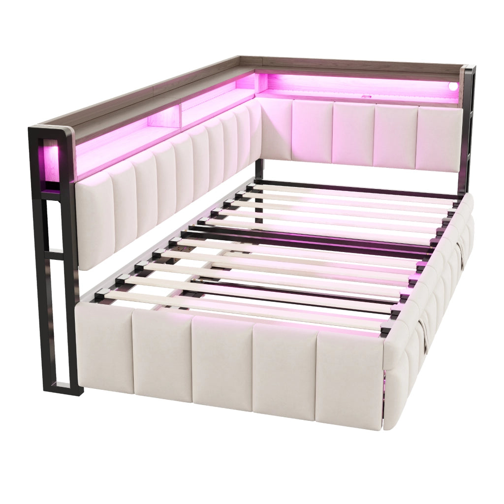 Letto estraibile 2 posti 90 x 200 e 90 x 190 cm con LED e USB/USB-C, divano letto in velluto beige con vani integrati