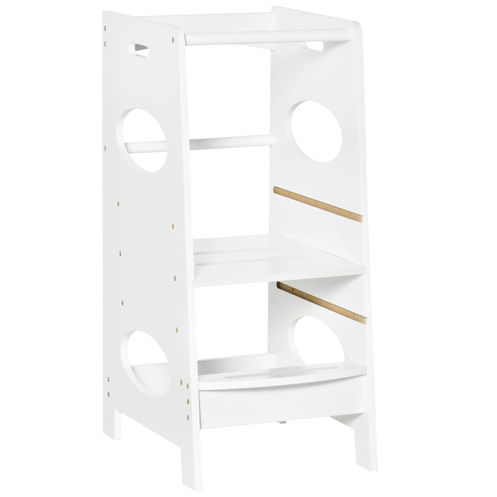 Torre Montessoriana con Altezza Regolabile a 3 Livelli, Torre di Apprendimento per Bambini in Legno, Scaletta per Bambini Bianco