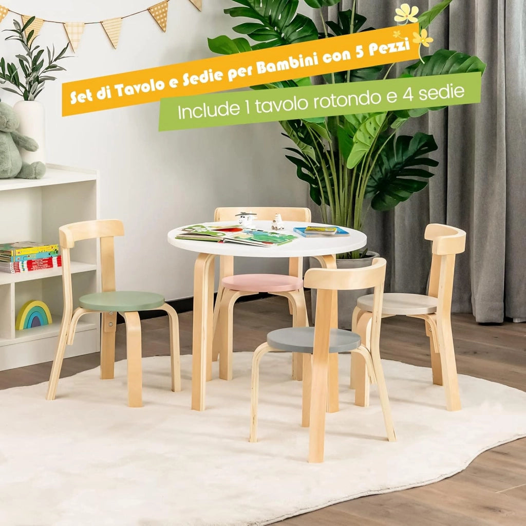 Set Tavolo e Sedie per Bambini - Schienale Curvo in Legno, 4 Sedie, Tavolo Attività per Bambini, Capacità di Peso 25kg, 4+ Anni, Colorato