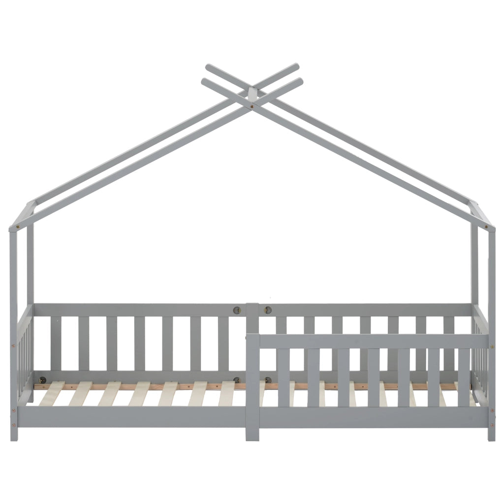 Letto per bambini a casetta 90 × 200 cm con rete a doghe in legno grigio chiaro con recinto di sicurezza
