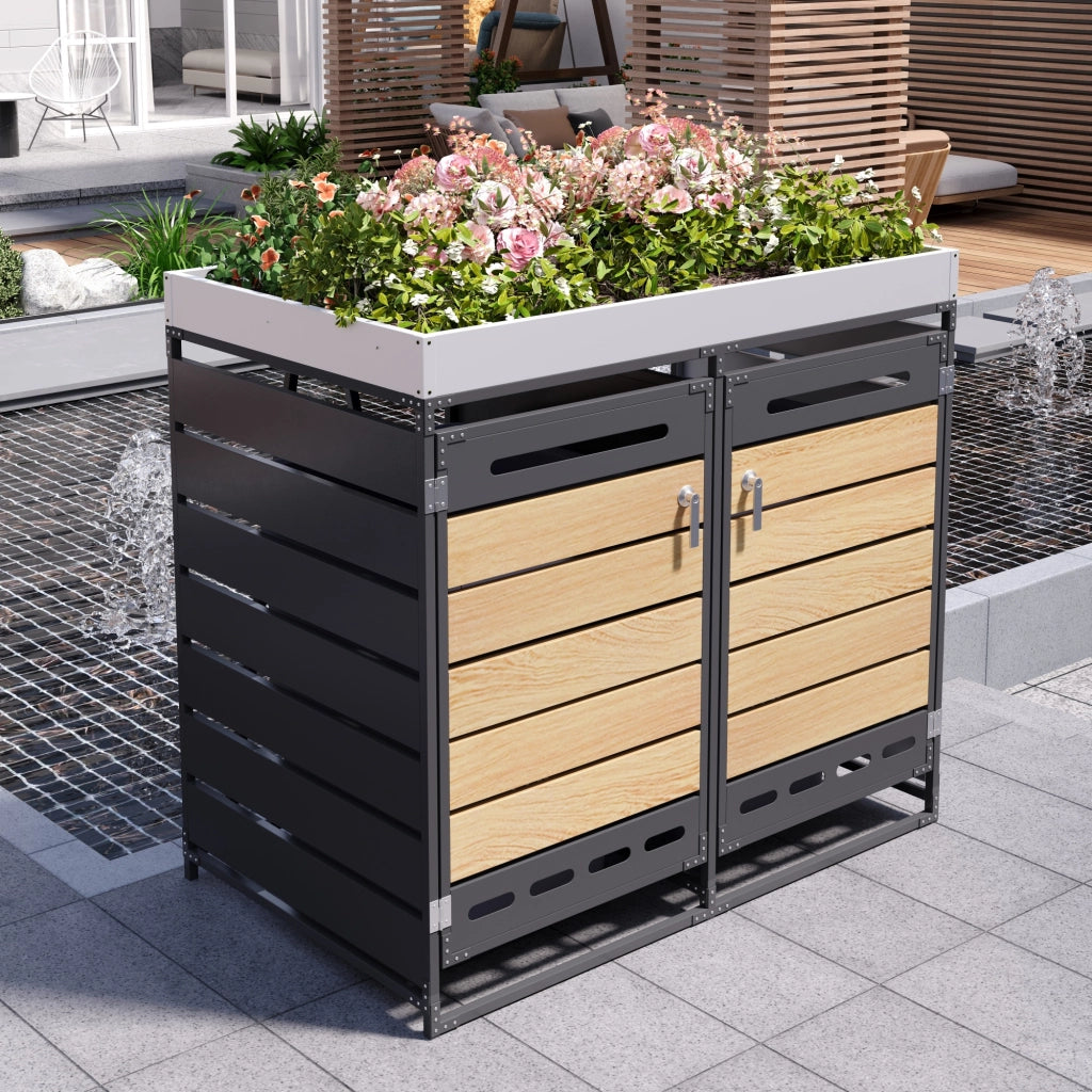 Armadio contenitore da giardino con fioriera box a 2 scomparti in ferro nero con serratura e aerazione