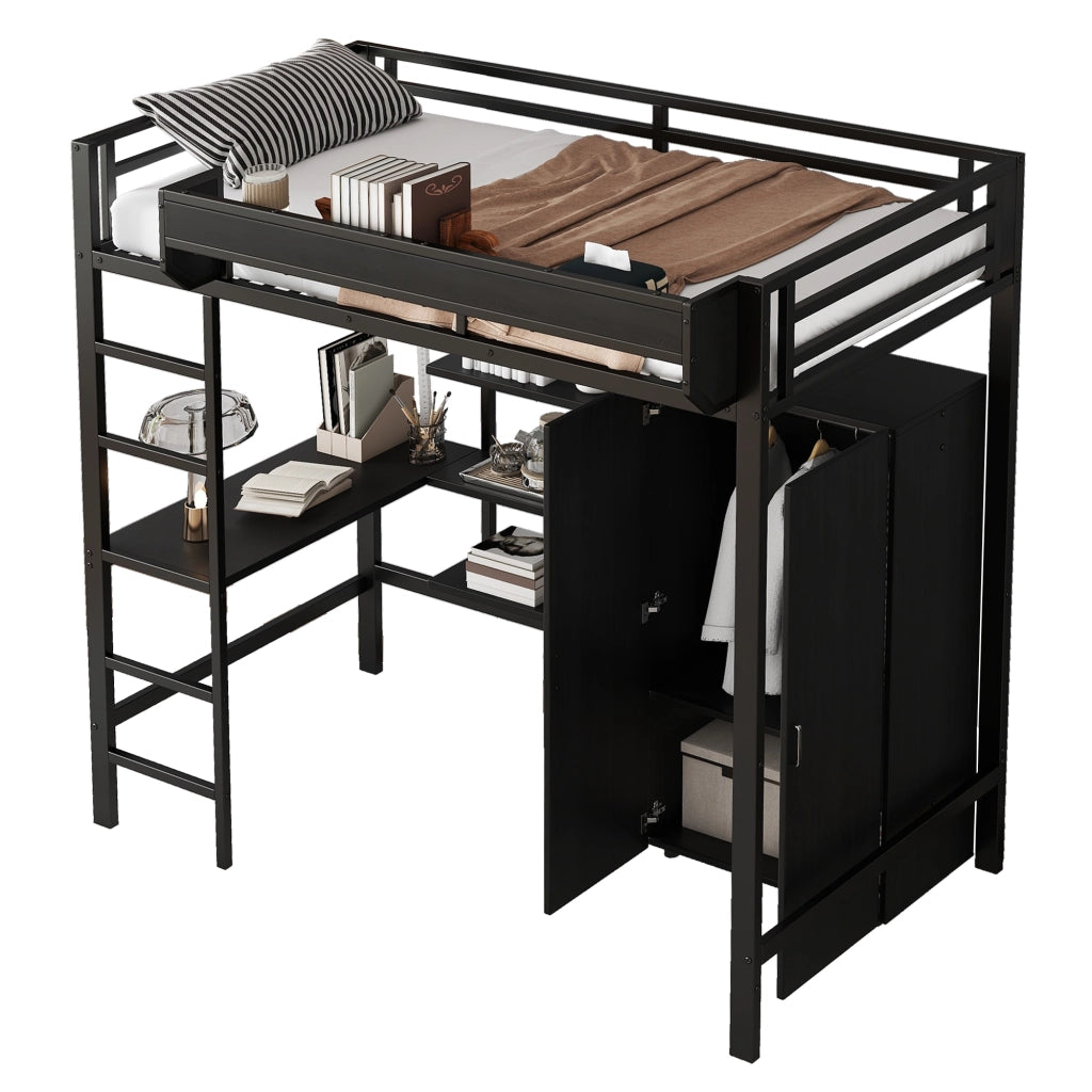 Letto a soppalco 90 × 200 cm con scrivania, armadio a 2 ante e scala a 5 gradini, senza materasso, nero
