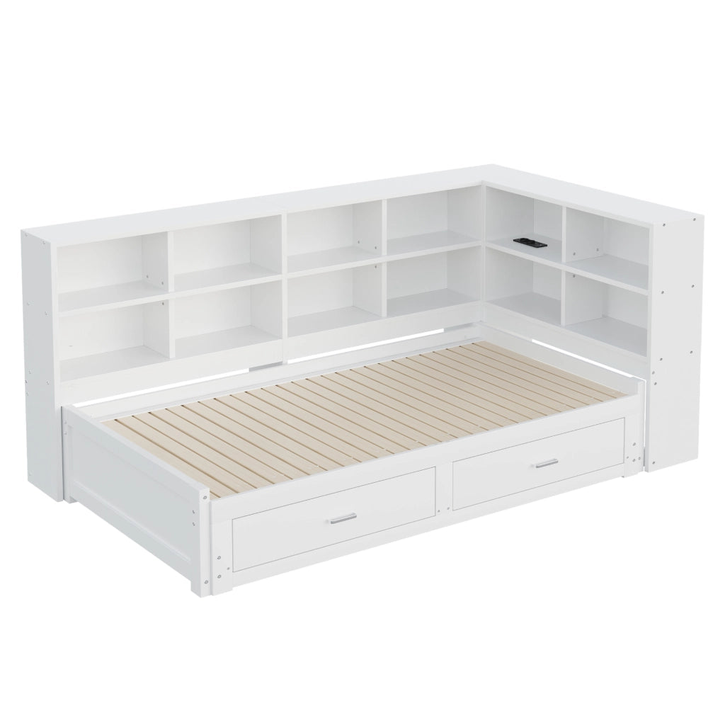 Letto con letto estraibile 90 × 190 cm estensibile a 180 × 190 cm con cassetti e prese multifunzione bianco