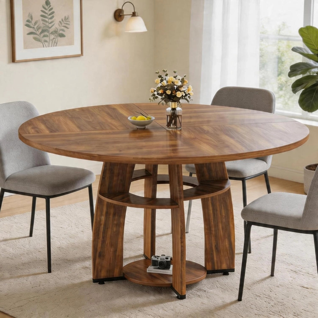 Tavolo da Pranzo Rotondo Rustico 120 cm per 4-6 Persone con Ripiano - Noce