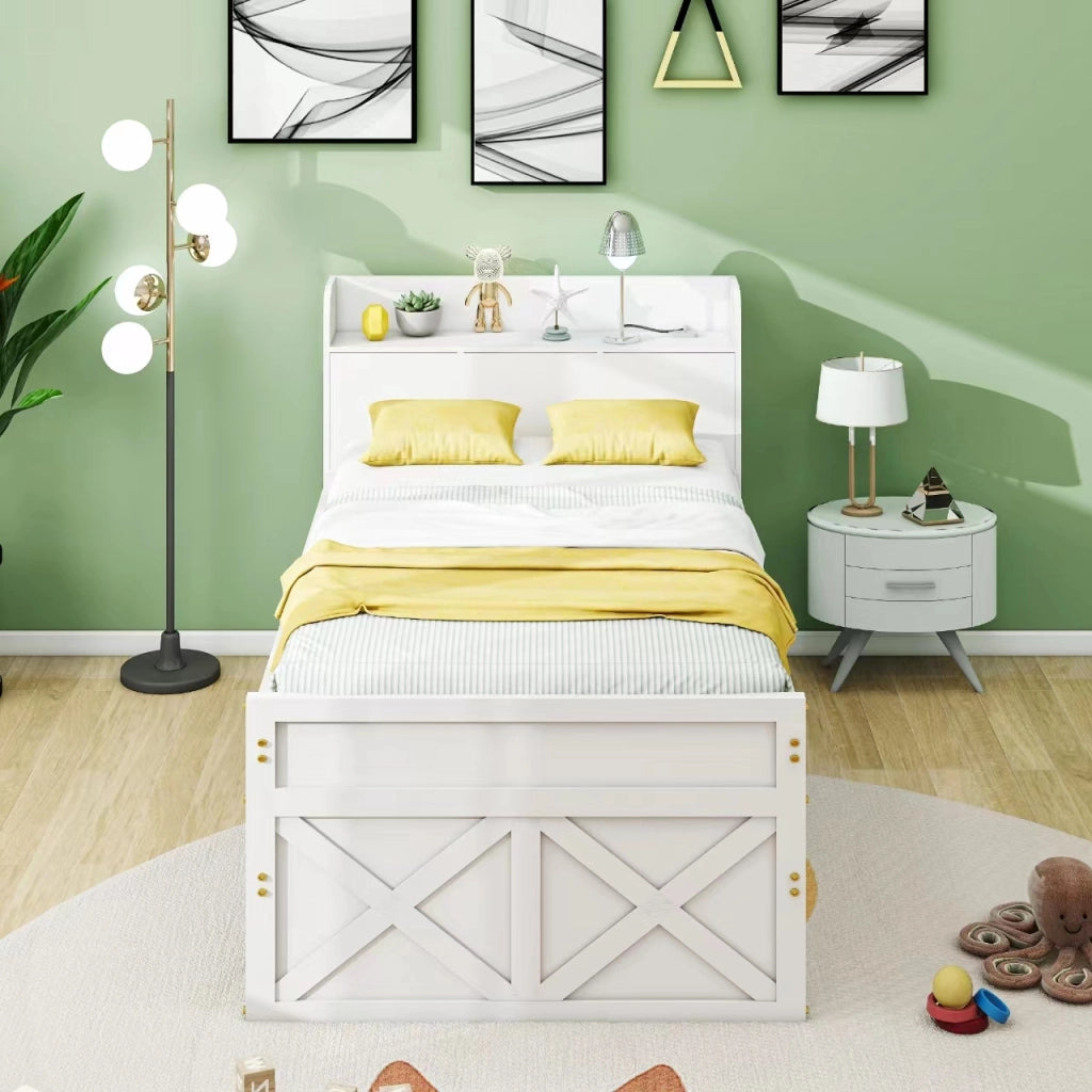 Letto con letto estraibile 90 × 190 cm con 2 cassetti comodino con vano e USB in legno bianco con rete a doghe