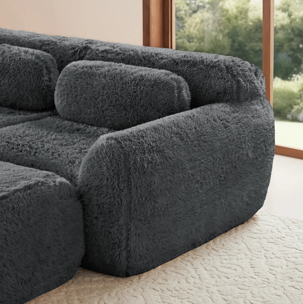 Divano modulare boneless Cloud in tessuto peluche grigio, con 3 ottomani, 3 posti, comodo per soggiorno