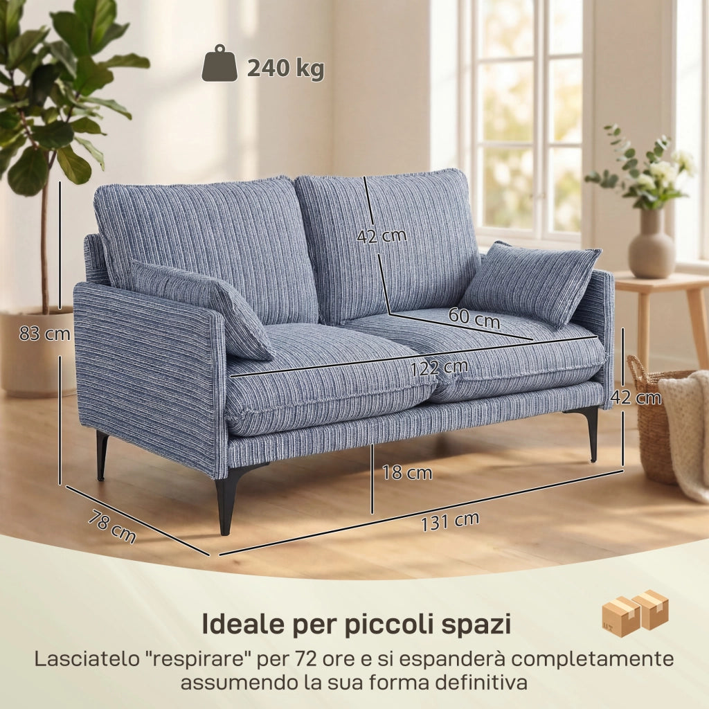 Divano 2 Posti 131x78x83 cm con Braccioli Imbottitura Spessa e 2 Cuscini in Tessuto Blu