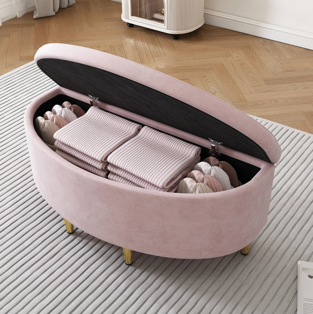 Panca contenitore imbottita in velluto rosa; 90 x 40 x 42 cm