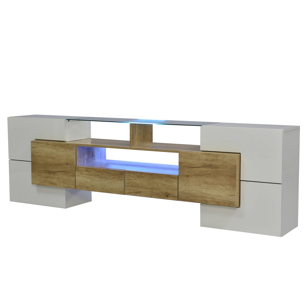 Mobile TV 200 cm con LED multicolore in MDF e truciolare bianco lucido e color legno
