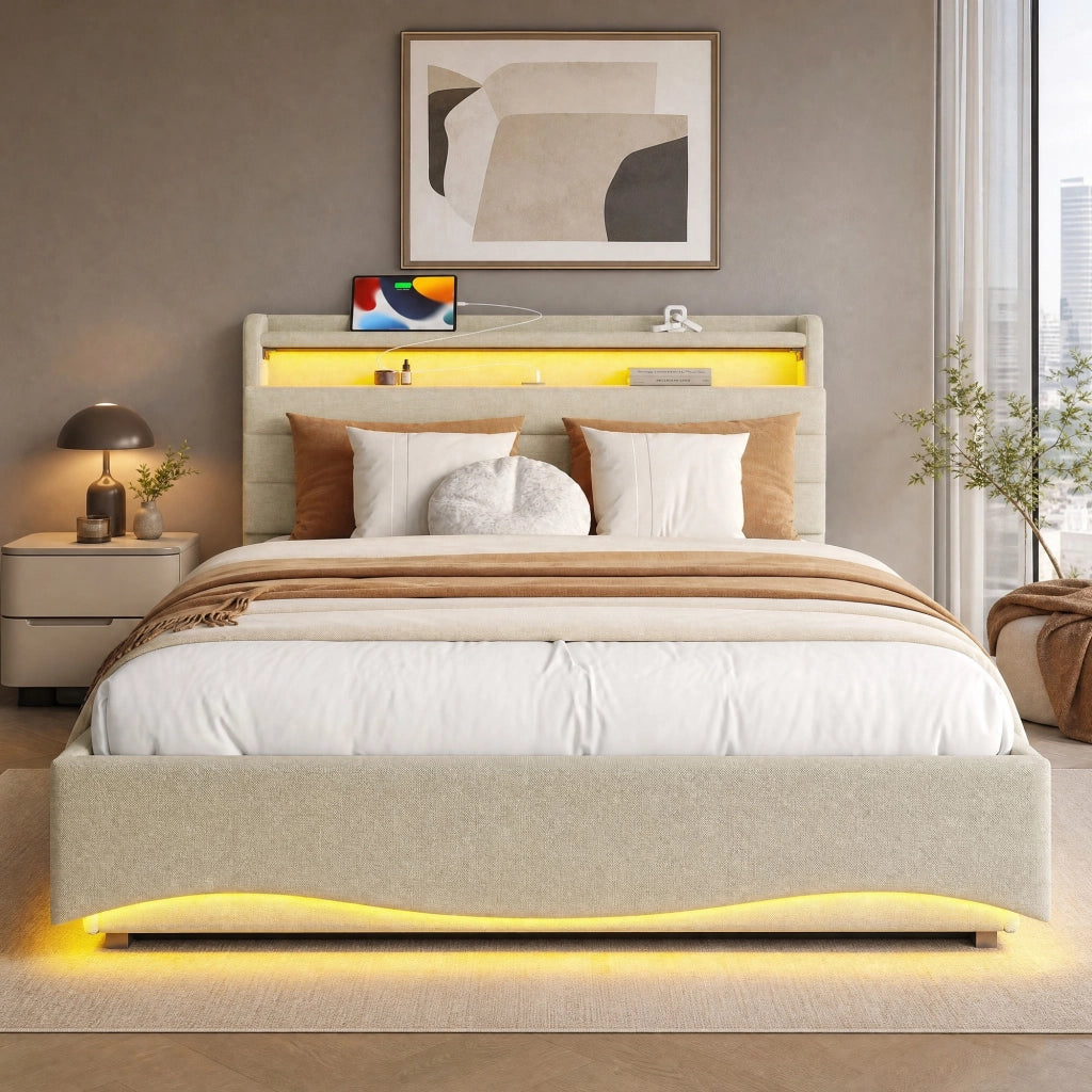 Letto contenitore 140 × 200 cm con LED; porte USB e Type-C; rivestito in lino beige con vano idraulico