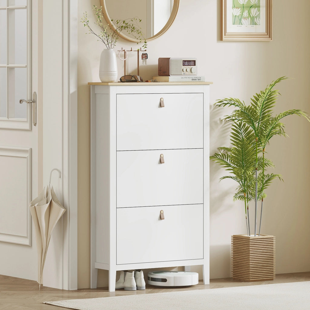 Scarpiera Stretto con 3 Scomparti ¨C zephmum ¨C 80x24x131 cm Bianco e Legno