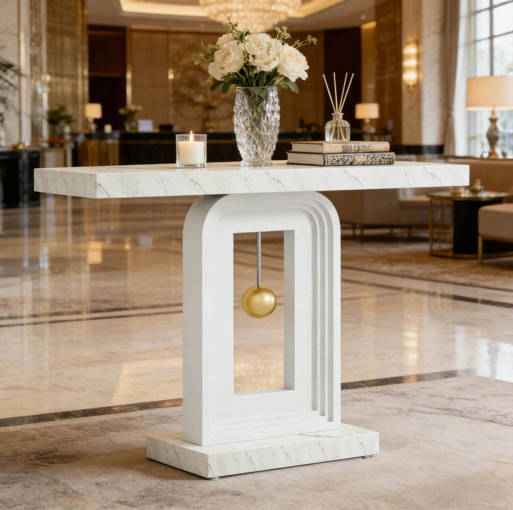 Tavolino Consolle stretto in MDF con piano in marmo bianco, 100 cm, per ingresso e soggiorno