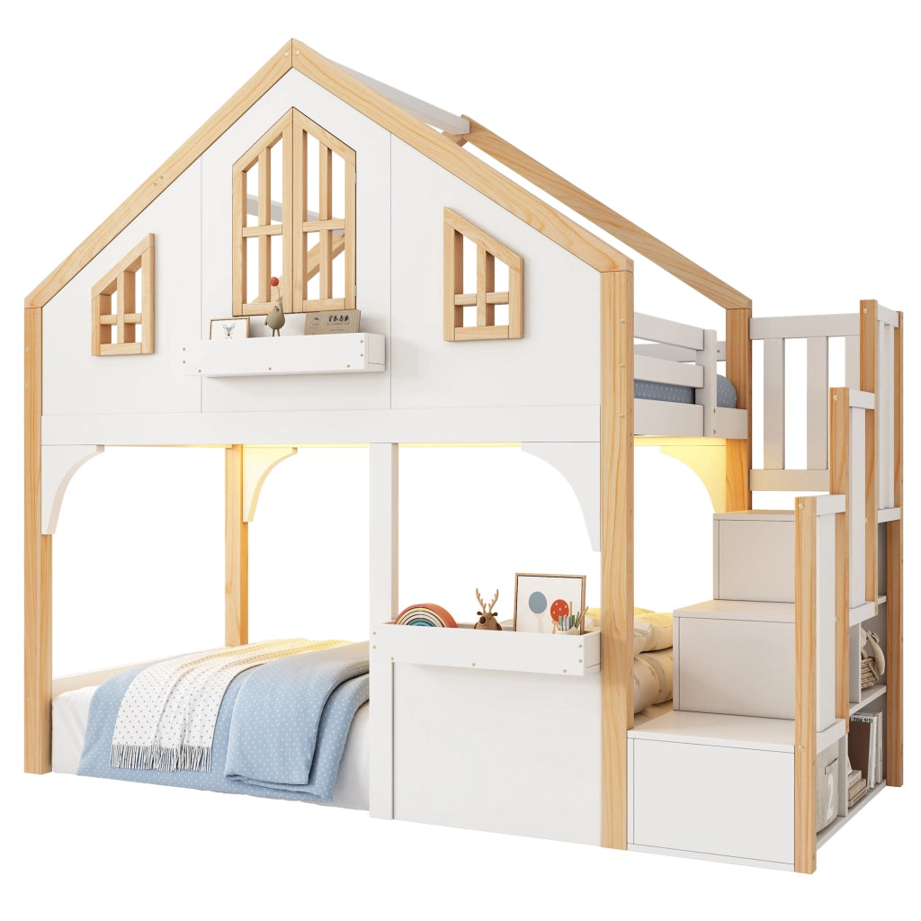 Letto a castello a casetta 90x200 cm con LED e scala contenitore; bianco e naturale