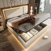 Letto matrimoniale imbottito 140x200 cm con rete a doghe, LED e contenitore, beige lino e noce, senza materasso