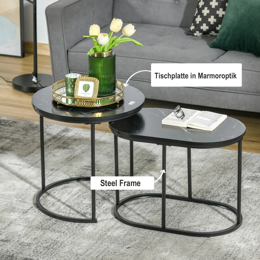 Set di 2 tavolini da salotto rotondo e ovale effetto marmo nero in MDF e acciaio impilabili