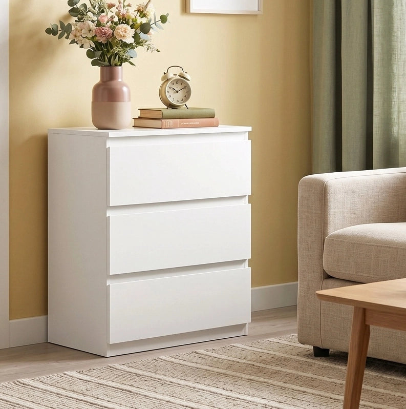 Cassettiera ULEVR 55x34x75 cm con 3 cassetti senza maniglie, pannello truciolare bianco