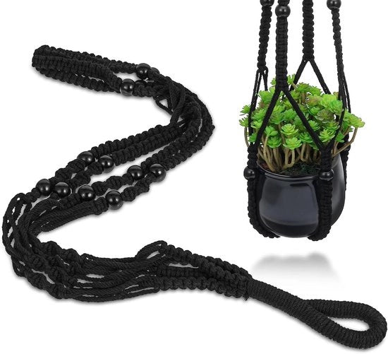 Hanger a fiori in macramé con corda di cotone e perle di legno - nero - 89 cm - Adatto per interni ed esterni