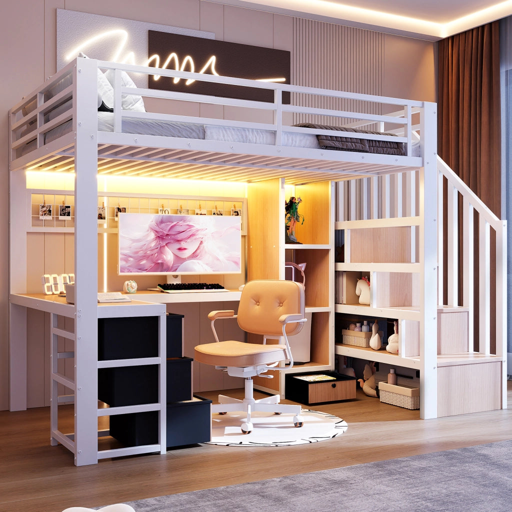 Letto a soppalco 140 ¡Á 200 cm con scala contenitore e barra LED integrata regolabile tramite app in metallo e MDF nero