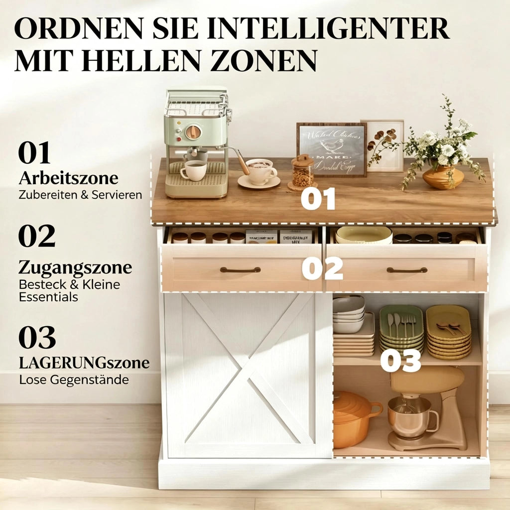Isola da cucina fissa con 2 cassetti e ante scorrevoli; marrone e bianco stile farmhouse; 106;4x57x92 cm