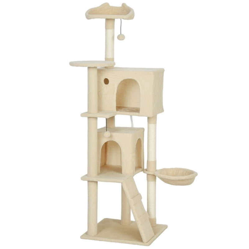 Tiragraffi per gatti con cuccia; amaca; scala; piattaforme e pali rivestiti in sisal beige