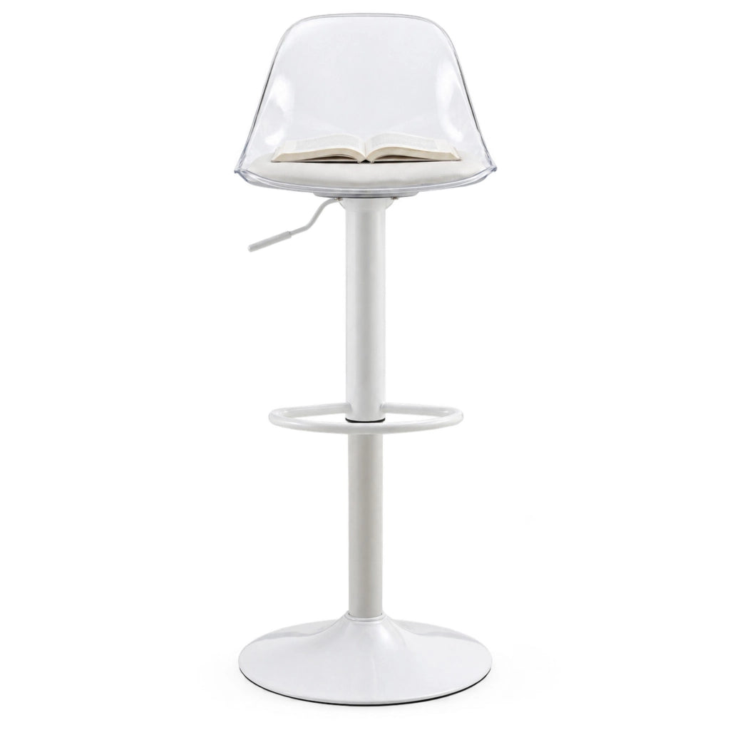 Set da 2 sgabelli da bar regolabili con schienale trasparente e gambe in metallo bianco, altezza 82-104 cm, girevoli a 360°