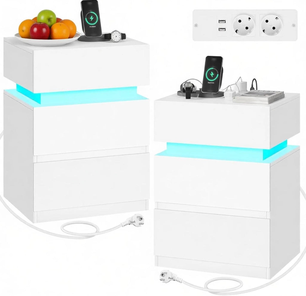 Set di 2 Comodini Bianchi con Luce LED Regolabile e Stazione di Ricarica Integrata