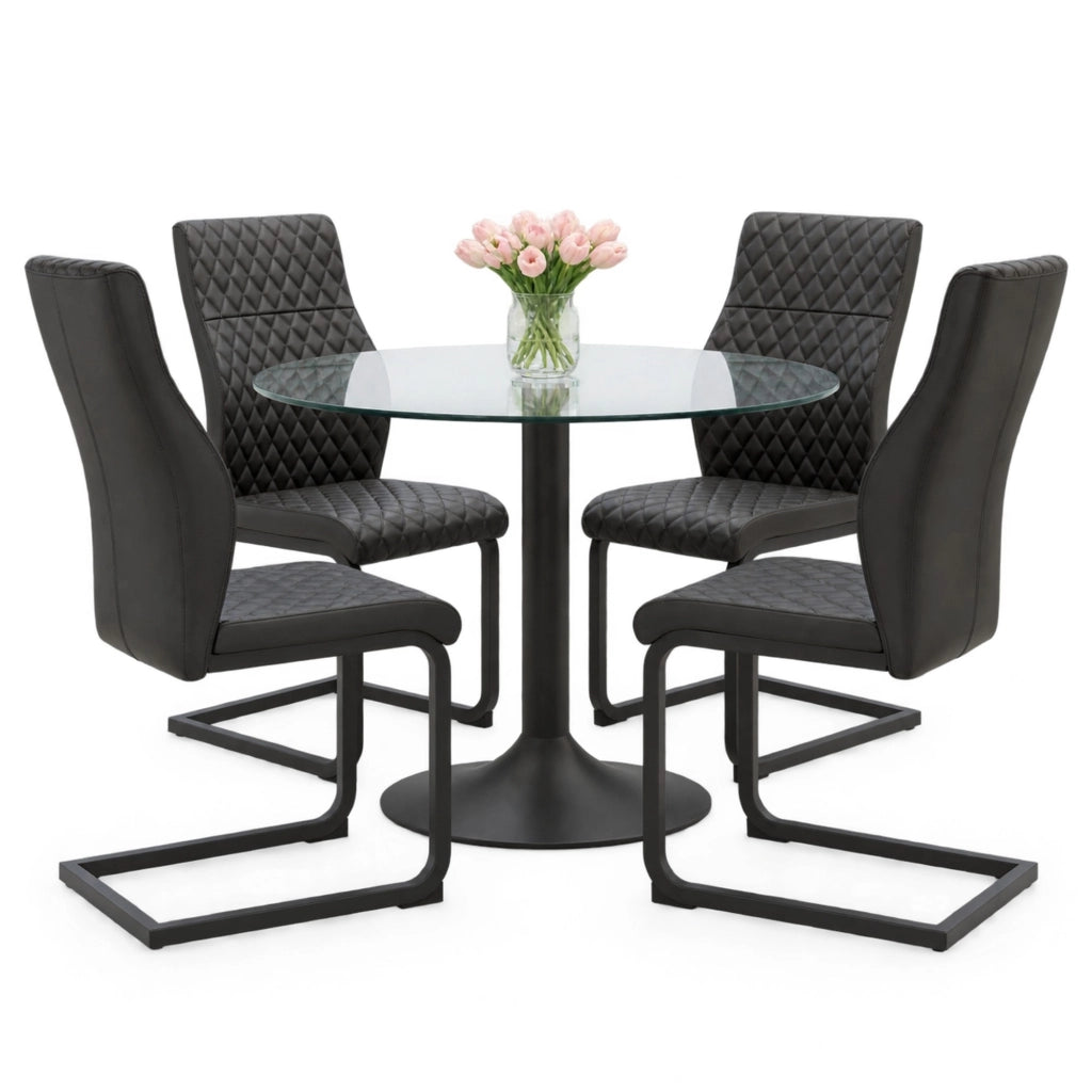 Set tavolo rotondo 85 cm in vetro trasparente, 4 sedie PU nere