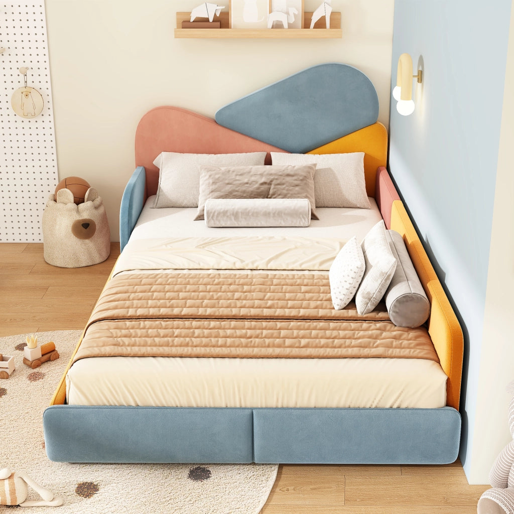 Letto singolo 140 × 200 cm imbottito in velluto con protezioni laterali rialzate multicolore