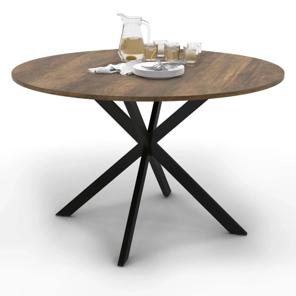 IDMarket - HAWKINS Mesa de comedor redonda para 6 personas con patas de araña negras y de madera antigua 110 cm