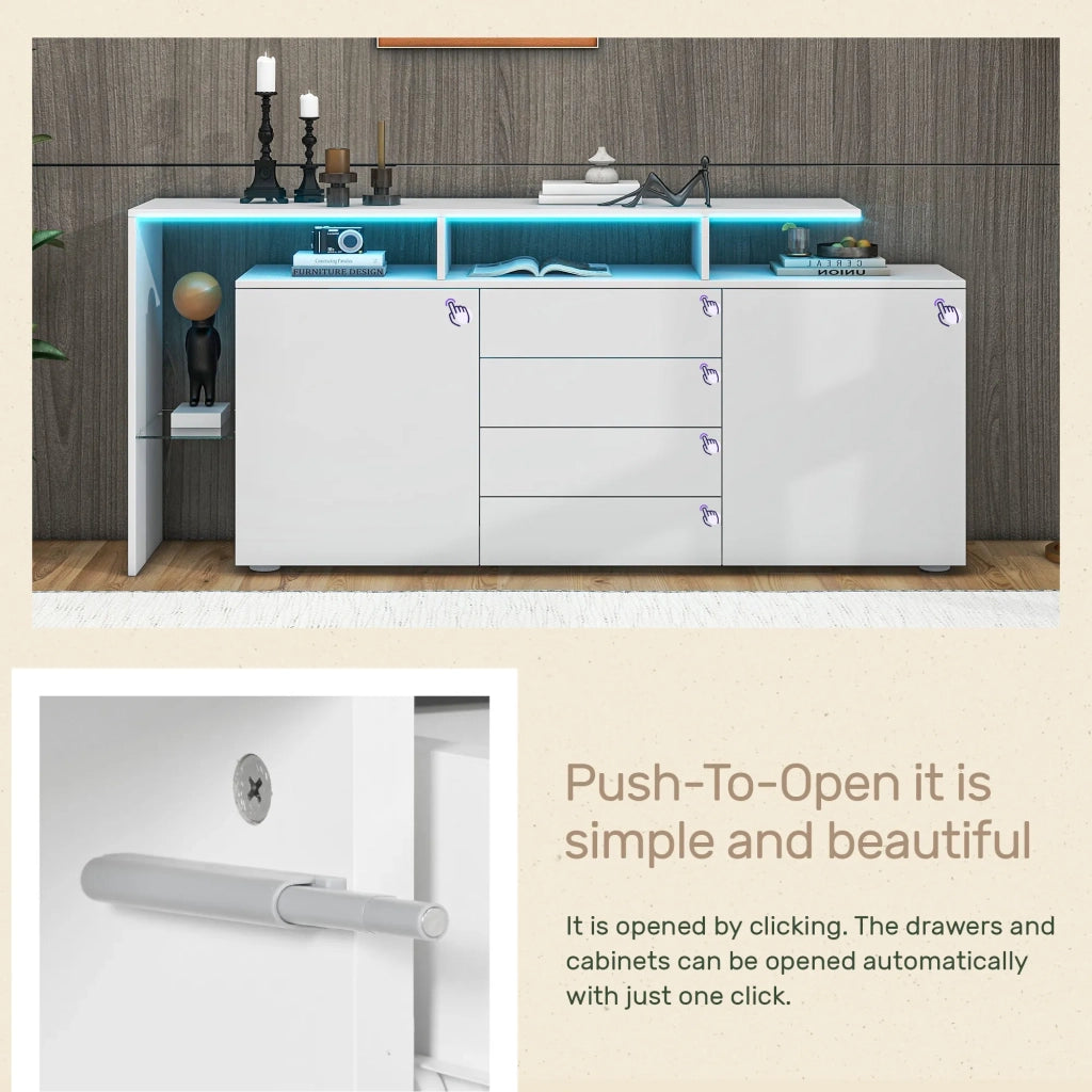 Comò e Sideboard con LED, Mobile Soggiorno Bianco Lucido, Credenza TV, Highboard Multiuso per Sala da Pranzo